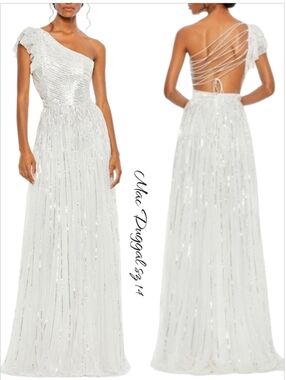 Mac Duggal White Sequin One Shoulder Flutter Sleeve Gown Dress 14